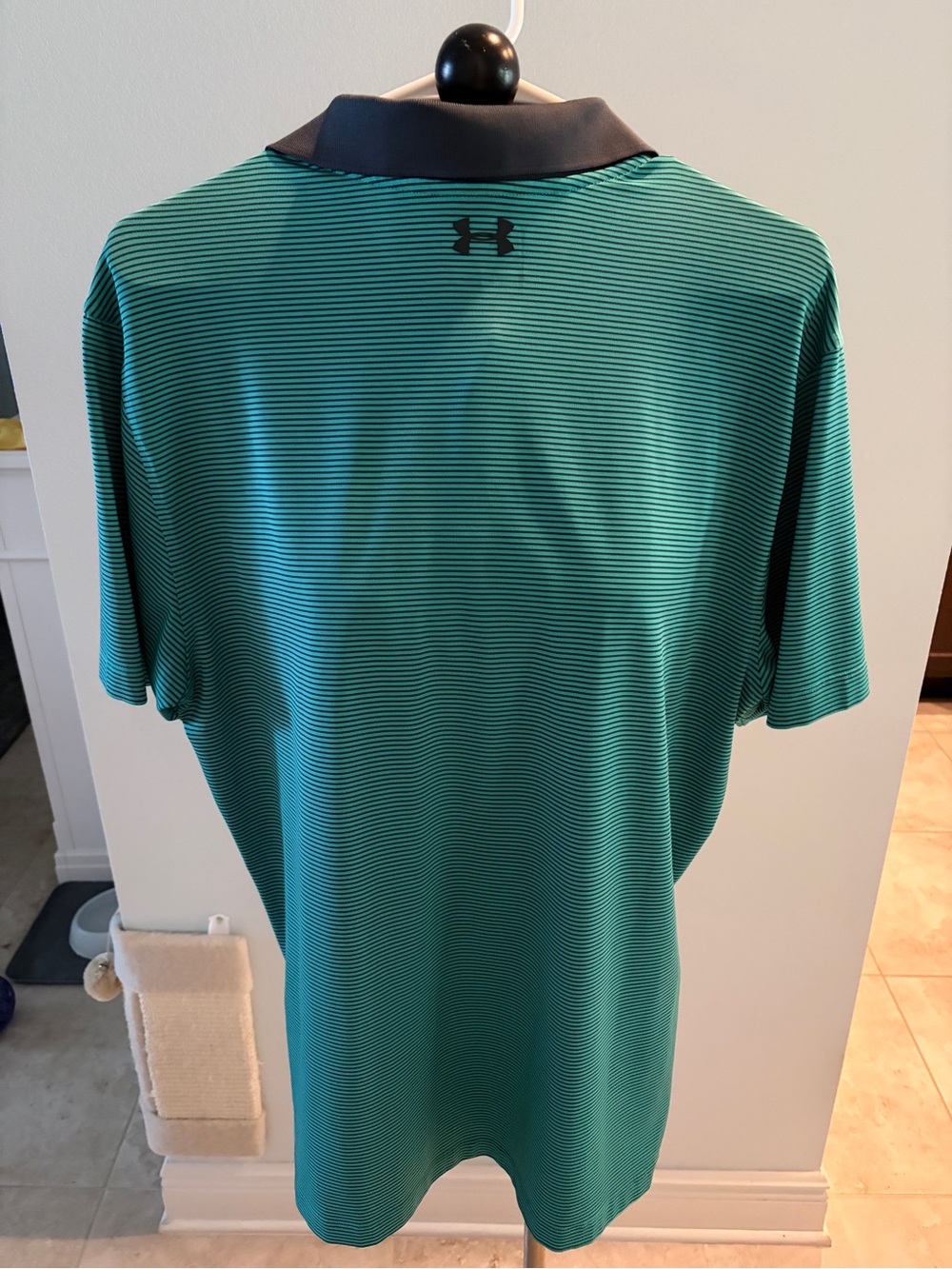 Under Armour Men’s Teal Striped Polo with Navt Collar - Picture 2 of 3